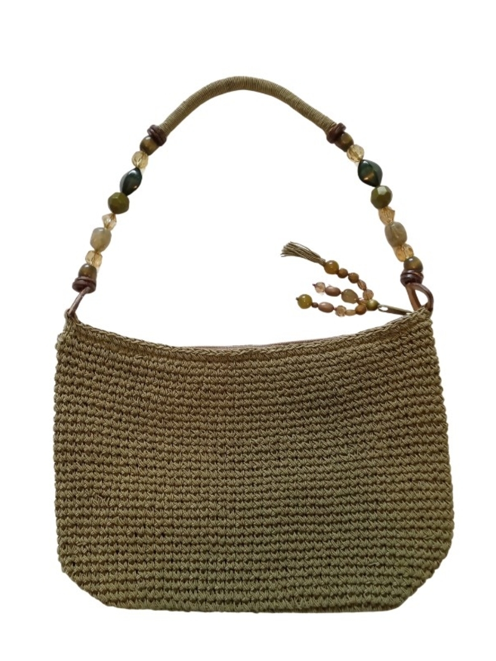 Woven Olive Green Beaded-Handle Shoulder Bag